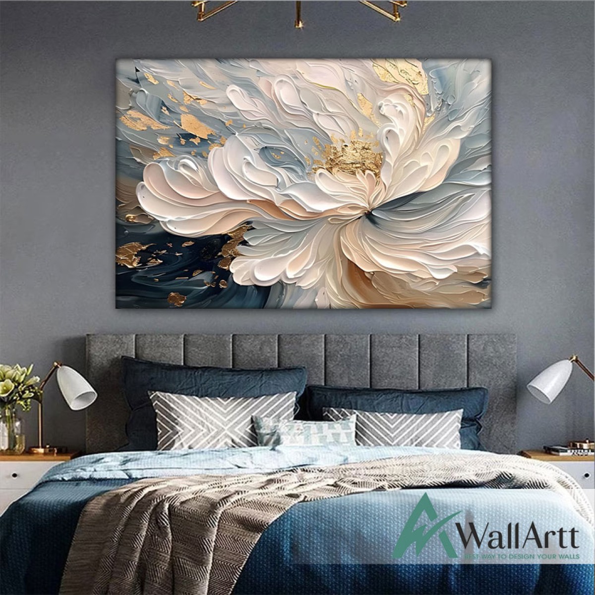 Abstract Gold White Flower 3D Heavy Textured Partial Oil Painting - Wall Art